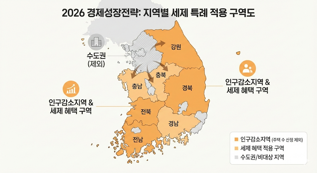 대한민국 지도 위에 세제 혜택이 적용되는 인구 감소 지역을 색상별로 구분하여 시각화한 정보 그래픽