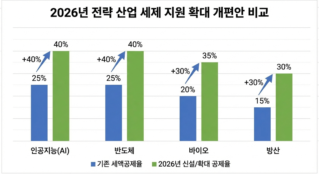 기존 세액공제율과 2026년 신설/확대된 공제율을 산업별로 비교하여 나타낸 통계 차트 (2026 경제성장전략)