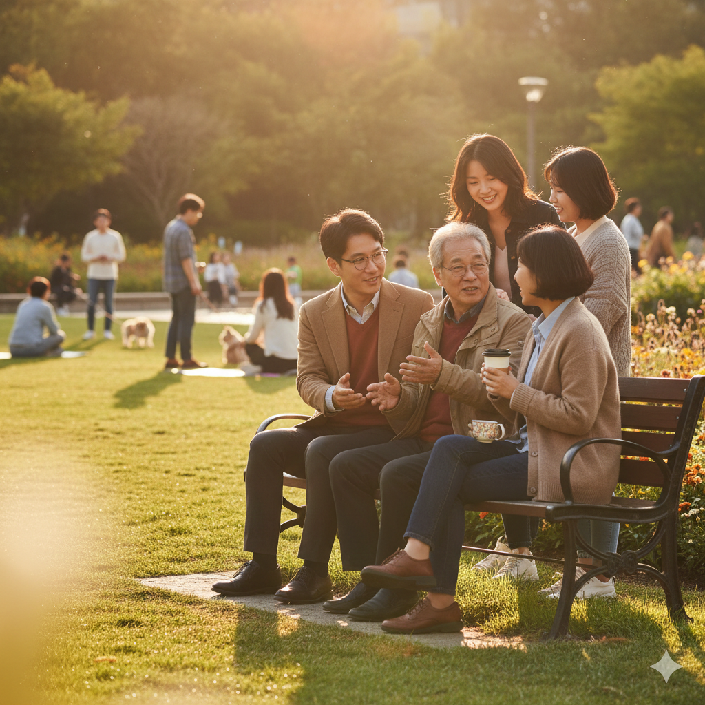 햇살이 비치는 공원에서 서로의 이야기를 경청하며 미소 짓는 고령층과 청년층의 모습을 통해 사회적 통합의 메시지를 전달하는 사진.