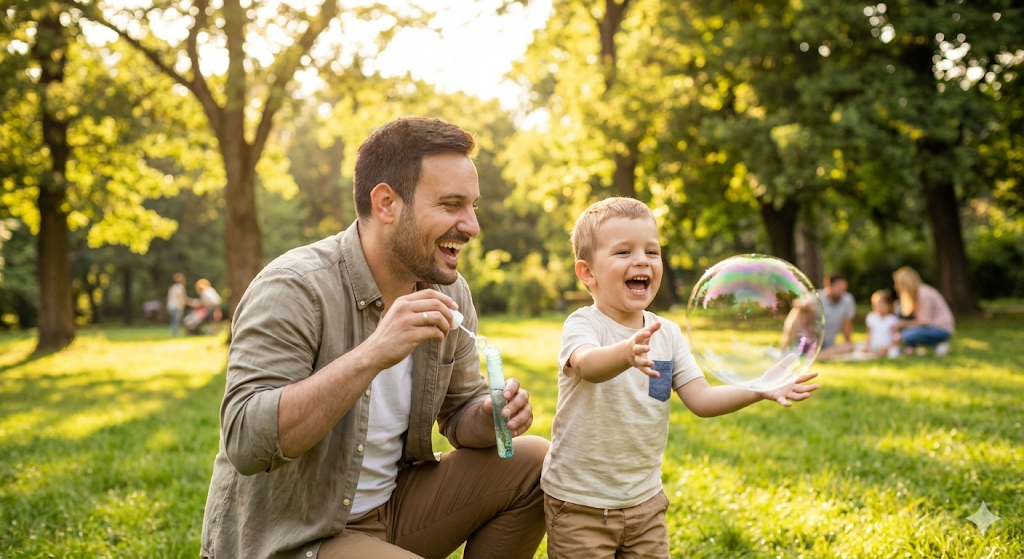 야외 공원에서 즐겁게 비눗방울을 불며 뛰노는 아이와 이를 미소 지으며 바라보는 부모의 모습