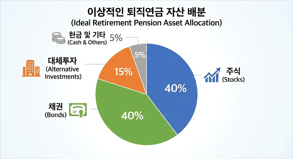 기금화 이후 전문적인 운용을 통해 구성될 수 있는 다각화된 포트폴리오 구성을 보여주는 원형 그래프입니다