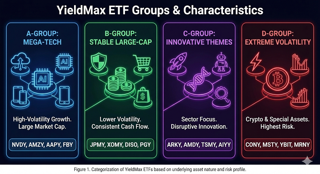 메가테크, 우량주, 혁신 테마, 초고변동성 자산으로 나뉜 일드맥스 ETF의 특징과 대표 티커(NVDY, TSLY 등)를 시각화한 자료.