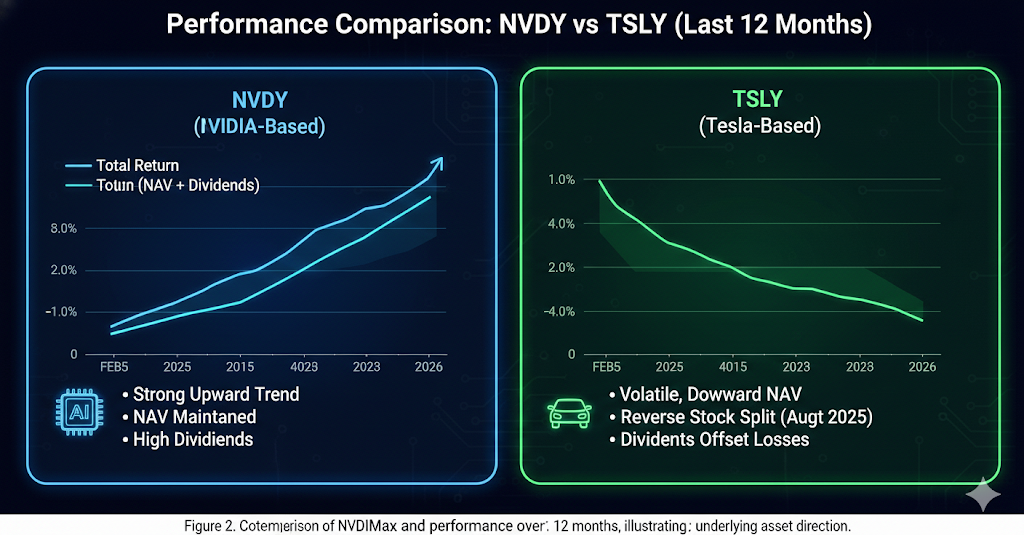 기초 자산이 우상향한 NVDY와 하락 및 횡보한 TSLY의 순자산가치 추이를 비교하여 방향성의 중요성을 강조하는 그래프