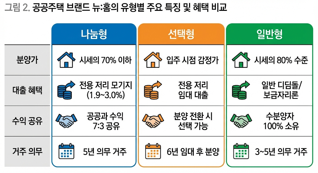 각 주택 유형에 따른 시세 대비 분양가와 향후 매각 시 차익 배분 기준을 정리한 상세 비교 이미지.