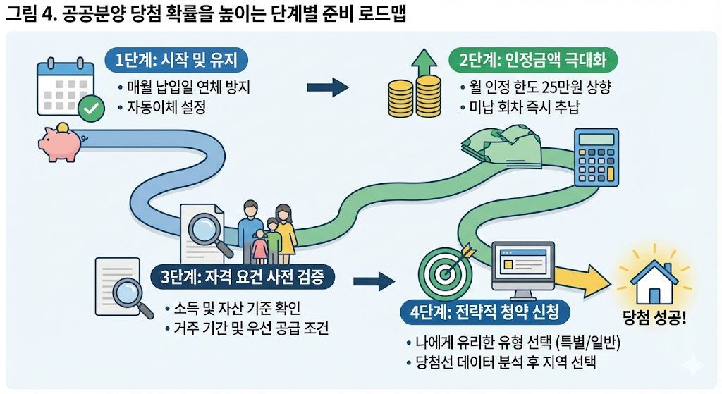 연체 방지, 추납 활용, 지역별 우선 공급 확인 등 청약 전 반드시 점검해야 할 항목들을 단계별로 정리한 로드맵 이미지.