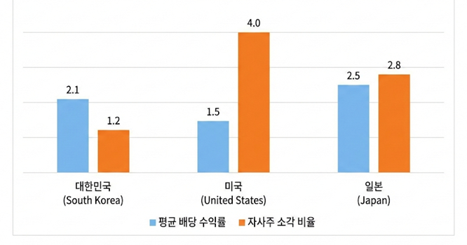 한국, 미국, 일본 기업들의 평균 배당 수익률과 자사주 소각 비율을 비교한 막대 그래프.