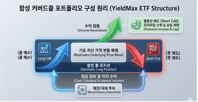 기초 자산 대신 옵션 계약을 통해 포지션을 구축하는 합성 커버드콜의 메커니즘을 시각화한 도표.