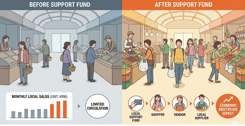 민생지원금 지급 이후 지역 상권의 매출 증대 효과와 경제적 순환 과정을 도식화한 인포그래픽 차트.