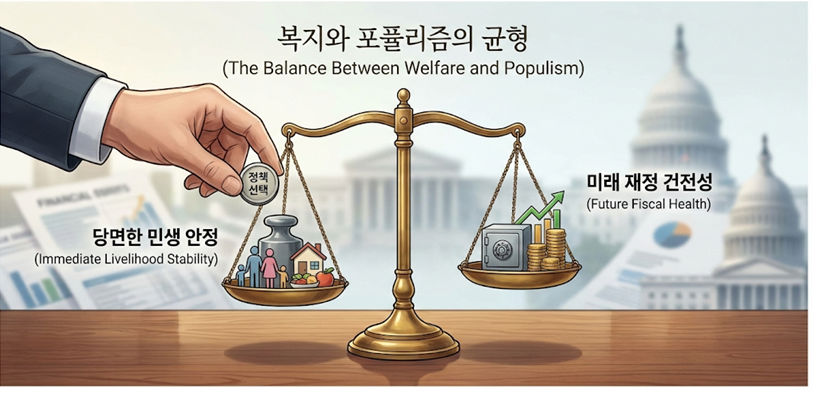 양팔 저울에 민생 안정과 재정 건전성을 배치하여 정책적 딜레마와 균형의 중요성을 표현한 개념 이미지.