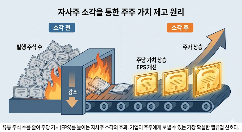 자사주 소각으로 발행 주식 수가 감소하고 주가가 상승하는 그래프와 주주 환원 효과를 보여주는 개념도