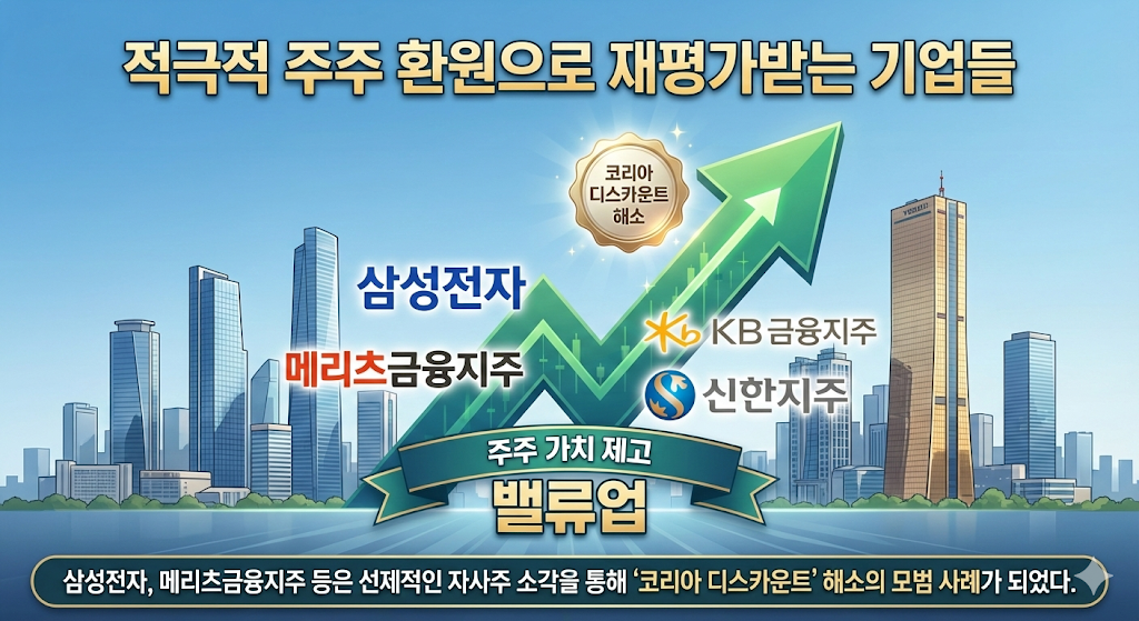 자사주 소각 정책을 성공적으로 시행한 삼성전자, 메리츠금융지주, KB금융지주 등의 기업 로고 모음과 한국 주식 시장 이미지