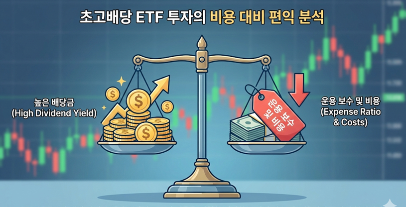 높은 배당 수익과 운용 수수료 사이의 상관관계를 저울로 표현한 일러스트로 금융 투자 시 리스크와 보상을 시각화함