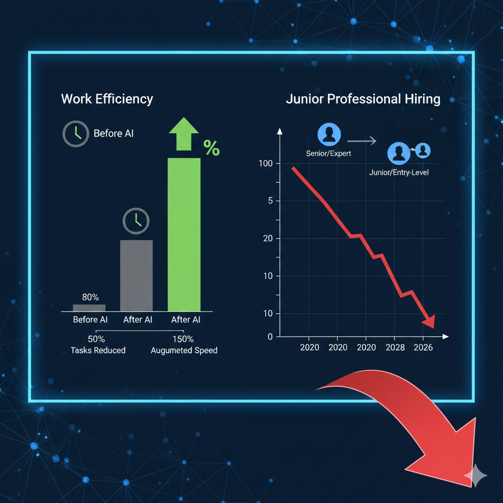 AI 도입 전후 전문직 업무 효율 증가와 신입 채용률 감소 추이를 비교한 통계 그래프 인포그래픽 