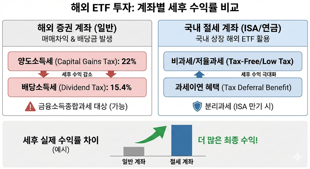 해외직구와 국내 절세계좌 이용 시 발생하는 세금 차이를 비교한 테이블 이미지.