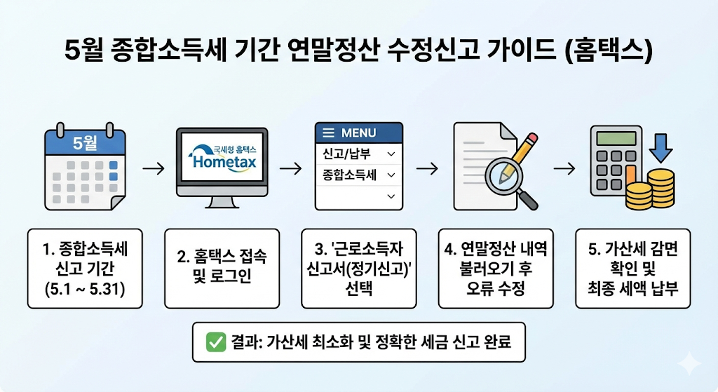종합소득세 신고 기간을 활용하여 잘못된 연말정산 내용을 수정하고 가산세를 감면받는 절차를 보여주는 가이드.