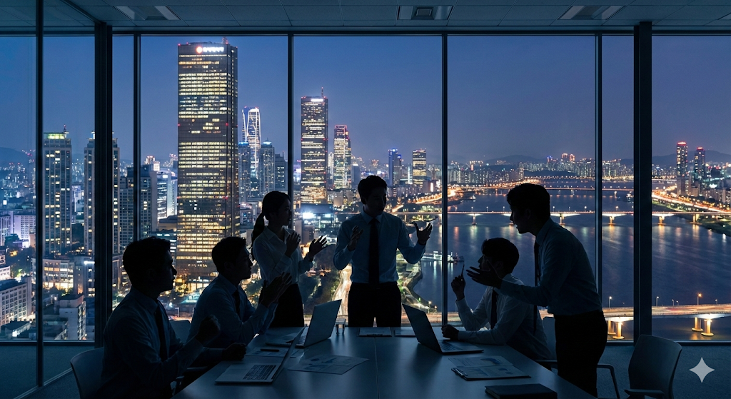 여의도 고층 빌딩 숲과 그 안에서 회의 중인 사람들의 실루엣을 보여주는 이미지로, 주식투자모임의 시작과 열정을 상징함.