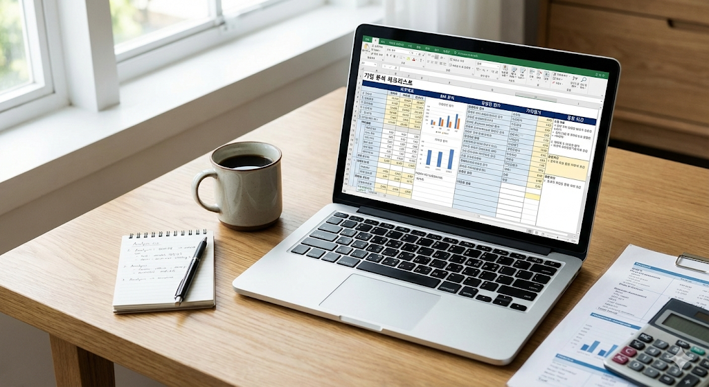 주식 분석을 위한 다양한 지표들이 정리된 대시보드와 문서가 놓인 업무 공간의 사진.