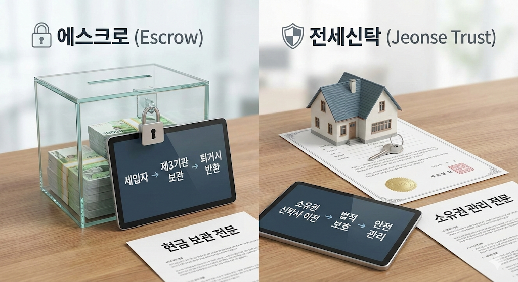 전세보증금 보호를 위한 에스크로와 전세신탁 제도를 비교하는 분할 화면 인포그래픽 이미지입니다.