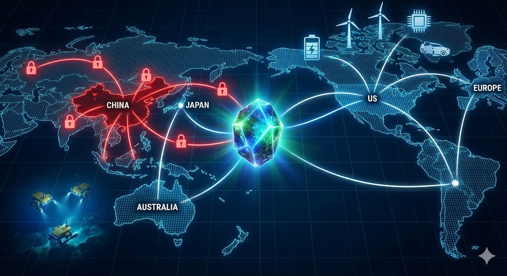 2026년 글로벌 희토류 전쟁을 묘사한 디지털 개념도입니다. 세계 지도 중앙에 빛나는 다면체 희토류 광물이 떠 있고, 중국 영토 위에는 붉은색 잠금 아이콘과 선들이 표시되어 수출 통제를 나타냅니다