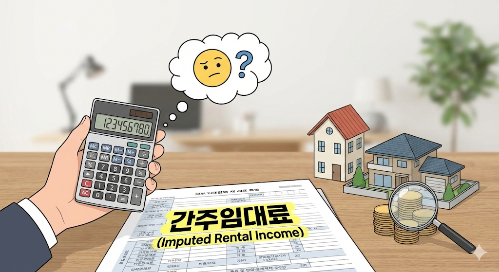 책상 위에 '간주임대료 (Imputed Rental Income)'라고 적힌 세금 서류가 있고, 계산기를 든 손과 주택 모형, 동전 더미, 돋보기가 놓여 있습니다. 계산기 위로 물음표가 있는 생각 풍선이 떠 있어 계산의 어려움을 나타내는 일러스트입니다.
