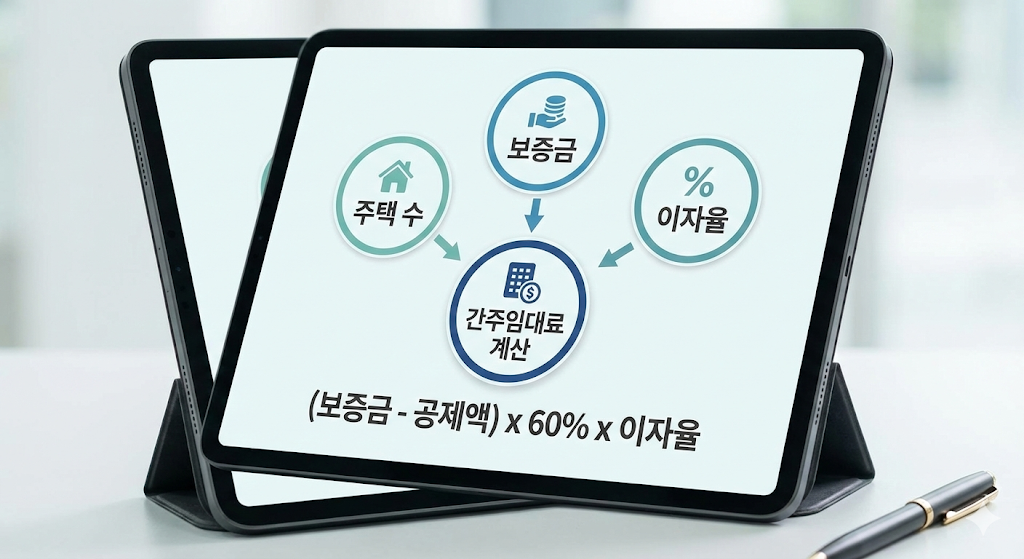 태블릿 화면에 '주택 수', '보증금', '이자율' 세 가지 요소가 화살표로 '간주임대료 계산' 아이콘을 가리키는 인포그래픽이 표시되어 있습니다. 하단에는 '(보증금 - 공제액) x 60% x 이자율'이라는 계산 공식이 적혀 있습니다.