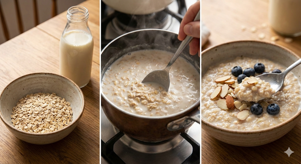 바쁜 아침이나 가벼운 저녁 식단으로 안성맞춤인 귀리 두유 오트밀의 조리 과정입니다. 가공되지 않은 귀리와 고단백 두유를 준비해(왼쪽), 약불에서 부드럽게 끓여낸 뒤(가운데), 항산화 성분이 풍부한 블루베리와 견과류를 곁들이면(오른쪽) 혈관 건강을 위한 완벽한 식단이 완성됩니다.