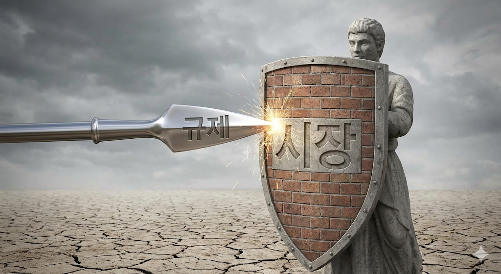 단단한 벽돌로 만들어진 '시장'이라는 이름의 방패로 날카로운 규제를 막고 있는 모습