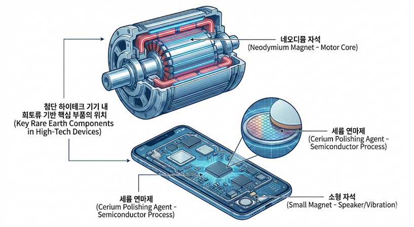 전기차 구동 모터의 영구자석과 반도체 웨이퍼 연마 공정 등 희토류가 필수적으로 쓰이는 지점을 설명하는 분해 원리도.