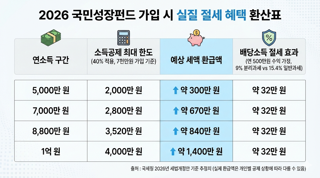 40% 소득공제와 9% 분리과세 적용 시 투자자가 실제로 돌려받는 세금 환급액을 소득 수준별로 정리한 표.