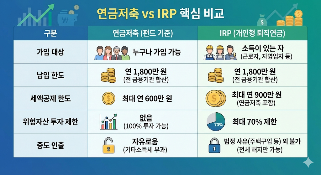 연금저축과 IRP의 가입 대상, 세액공제 한도, 위험자산 투자 한도, 중도 인출 가능 여부를 비교 설명하는 상세 표 이미지
