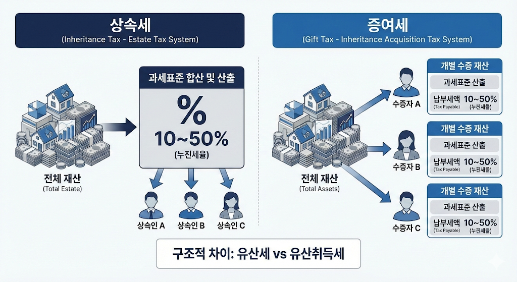 상속세 유산세 방식과 증여세 유산취득세 방식의 차이를 나타내는 인포그래픽 도표 이미지
