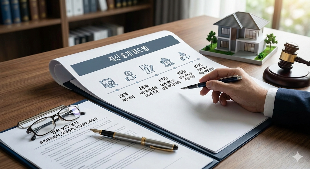 서류와 펜, 그리고 집 모양의 모형이 놓인 책상 위에서 자산 승계 계획을 검토하는 전문적인 사진