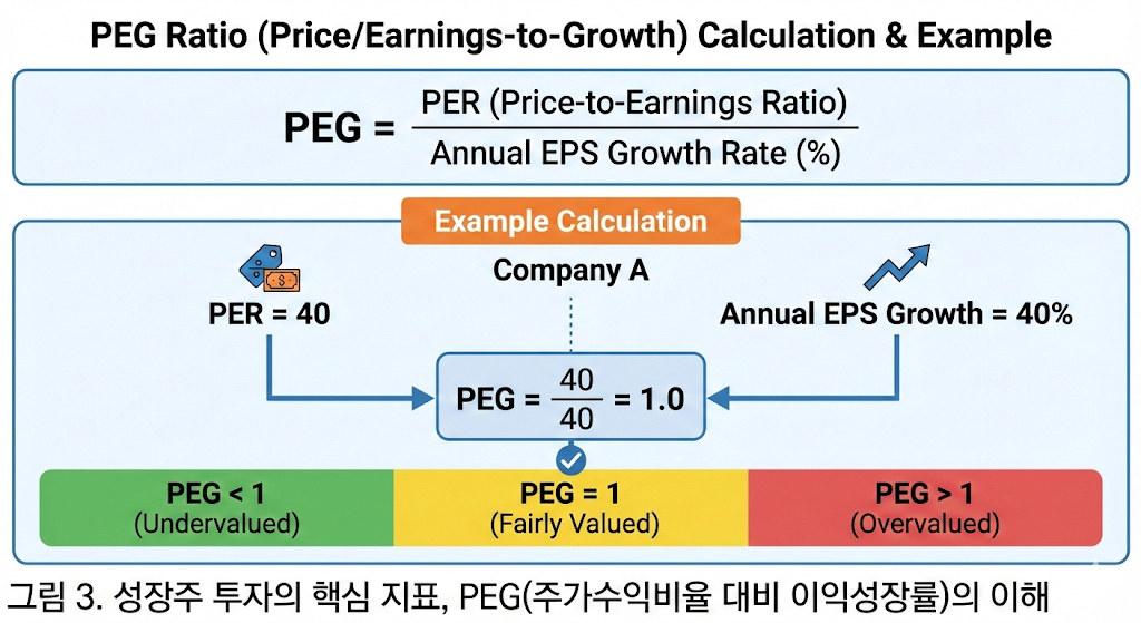 성장성과 주가를 동시에 고려하여 저평가 여부를 판단하는 PEG 지표 설명 그래픽