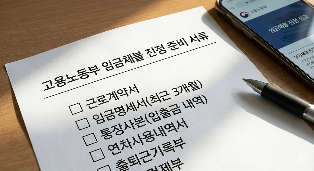 노동청 진정 접수를 위해 근로자가 준비해야 할 서류와 증거 자료를 나열한 체크리스트 이미지