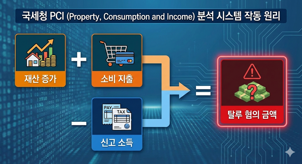 소득과 소비, 재산 증가분을 비교하여 세원 누락을 잡아내는 분석 메커니즘을 설명하는 도표.