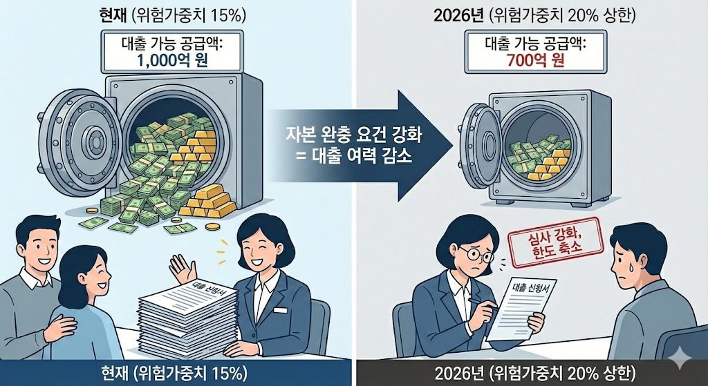 위험 가중치가 15%에서 20%로 높아짐에 따라 은행이 대출을 위해 확보해야 하는 자본금이 늘어나고, 결과적으로 소비자에게 돌아가는 대출 공급이 줄어드는 과정을 설명하는 차트 이미지.