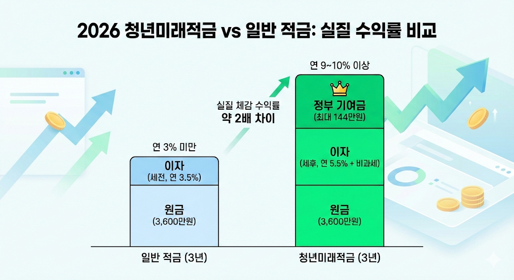 일반 시중 은행 적금과 정부 지원 청년 적금의 수익률 차이를 보여주는 막대 그래프. 정부 기여금과 비과세 혜택이 추가되었을 때 실질 수익률이 약 2배 가까이 차이 남을 시각적으로 표현함.