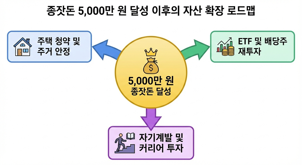 5,000만 원이라는 이정표를 지나 주택 청약, 배당주 투자, 자기 계발 등 다양한 미래 성장 경로로 뻗어 나가는 로드맵 일러스트.