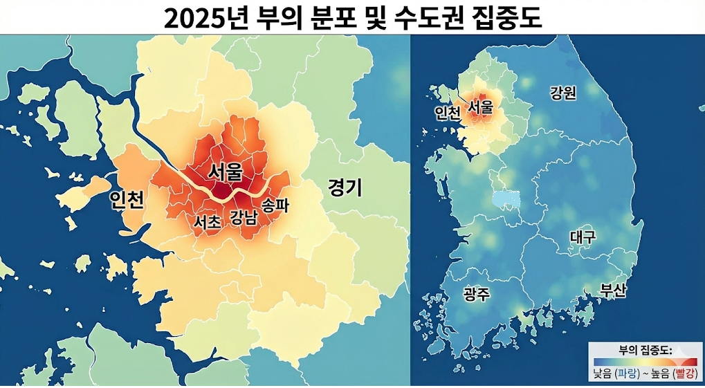 한국의 부자들이 서울과 수도권에 70% 가까이 집중되어 있음을 보여주는 지도 형태의 통계 자료.