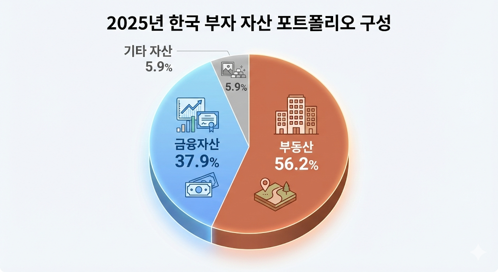 부동산 비중이 여전히 높지만 금융자산으로의 유동성 확보 노력을 보여주는 자산 구성 비율 차트.