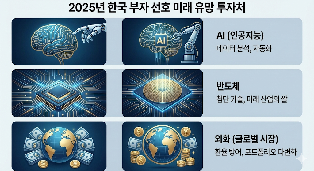 인공지능과 해외 주식 등 부자들이 향후 수익성을 기대하는 주요 투자 자산군 아이콘 리스트