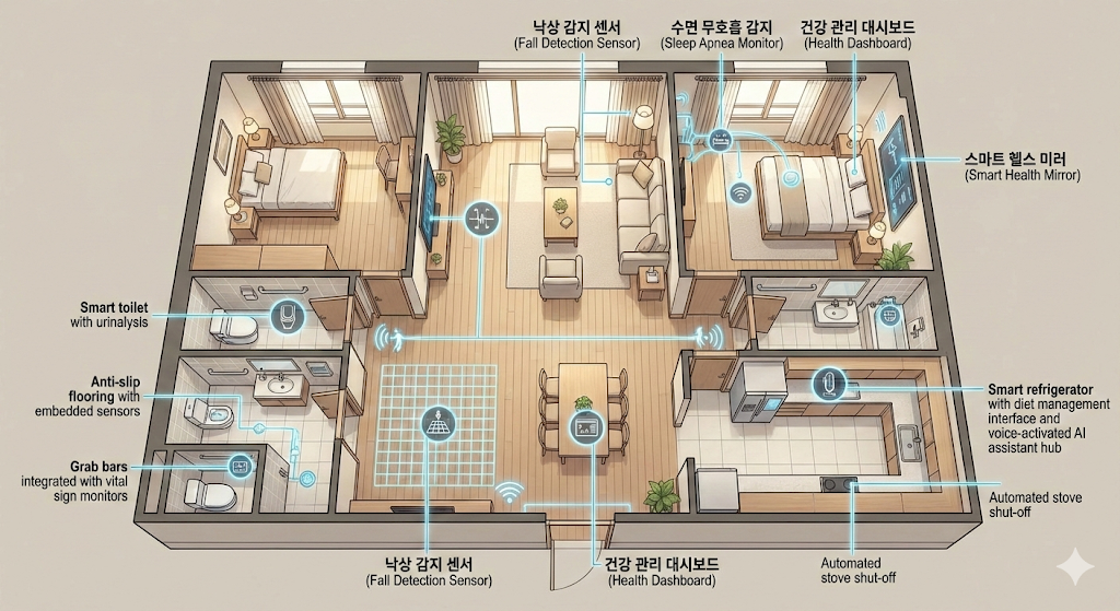 거실 및 침실에 설치된 센서와 의료 지원 시스템의 작동 원리를 설명하는 개념도.