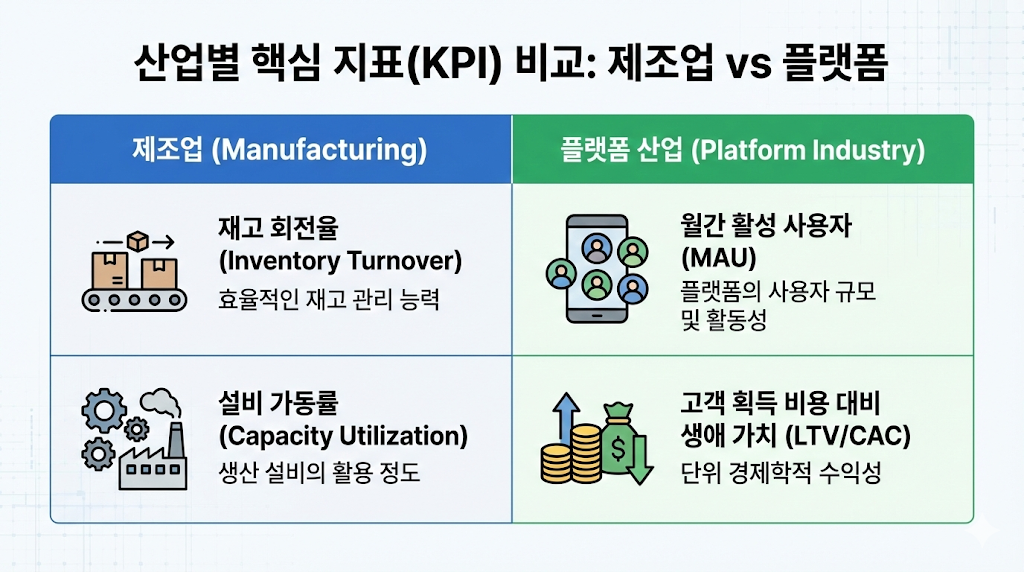 전통 제조업의 재고 회전율과 IT 플랫폼 산업의 유저 지표(LTV, CAC)를 대조하여 각 산업 분석 시 집중해야 할 포인트를 설명하는 인포그래픽