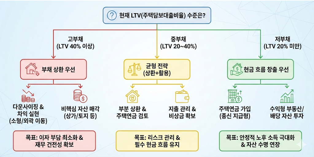 현재 대출 비중과 자산 규모에 따라 어떤 은퇴 부동산 전략을 선택해야 하는지 보여주는 순서도.