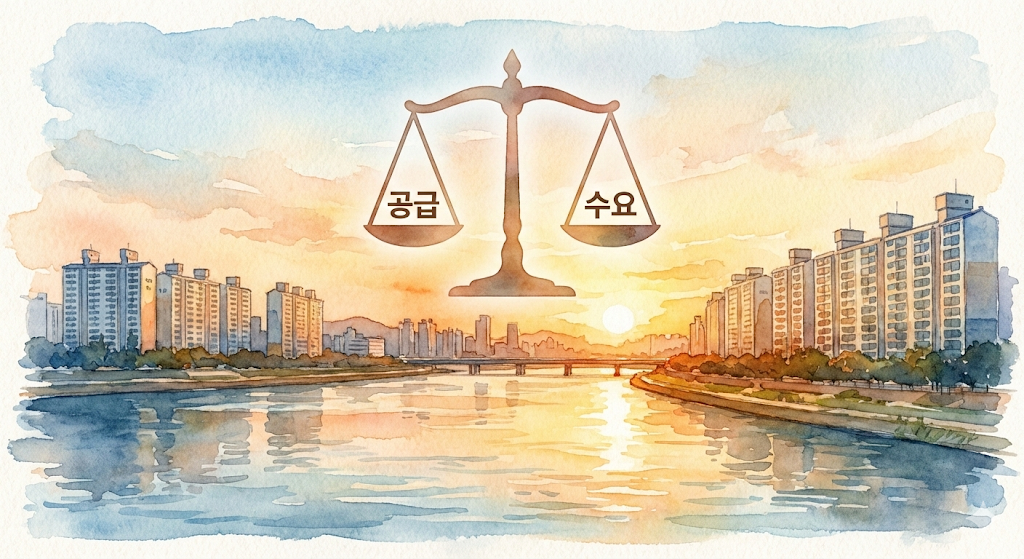 서울 도심의 고층 아파트 단지를 배경으로 하여 공급 확대가 시장 가격에 미치는 긍정적 영향을 상징적으로 표현한 풍경 사진