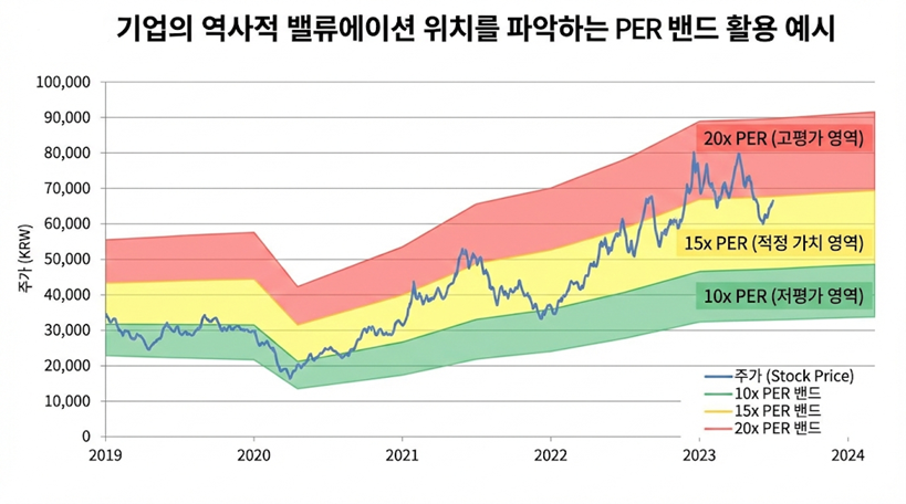 기업의 주가 추이와 상하단 PER 라인을 겹쳐 그려 현재 주가가 역사적으로 어느 수준에 위치해 있는지 판단하는 데 도움을 주는 밴드 차트 이미지.